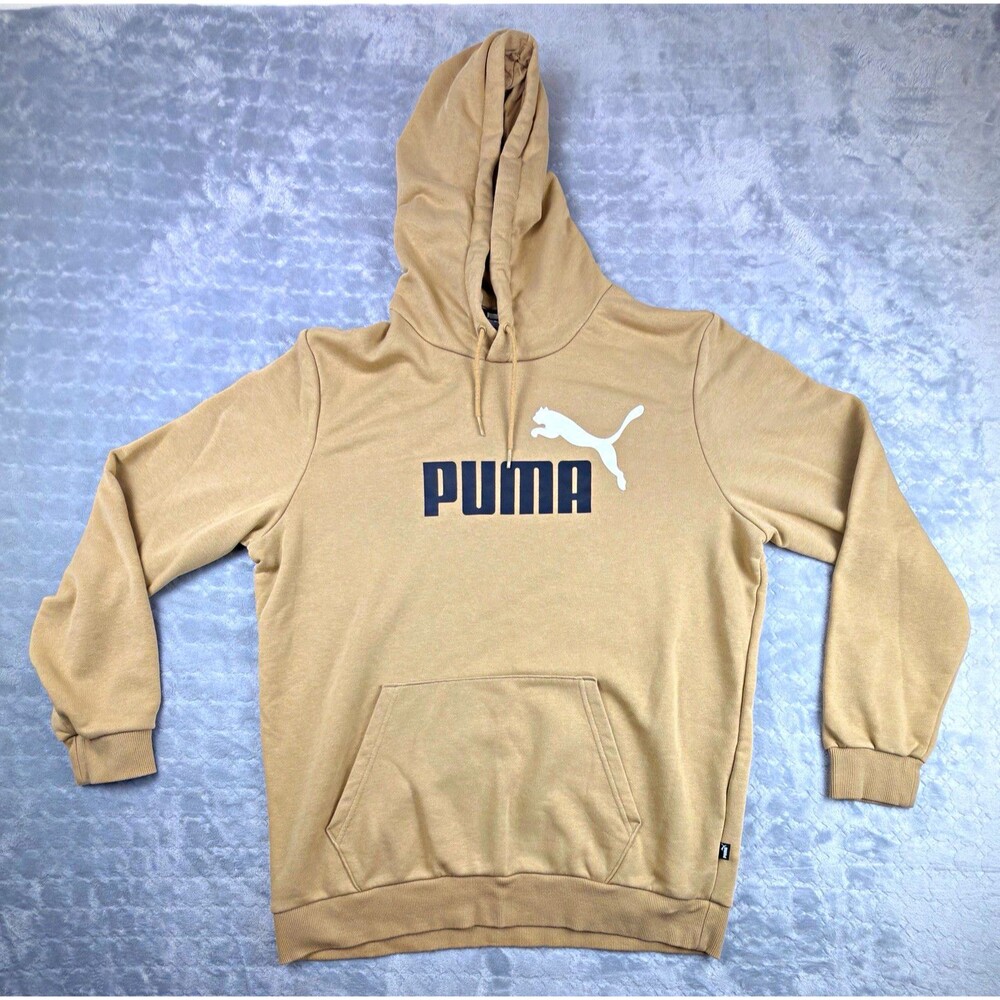 PUMA Men's L Beige Fleece Logo Pullover Hoodie Drawstring Pockets 586765-83